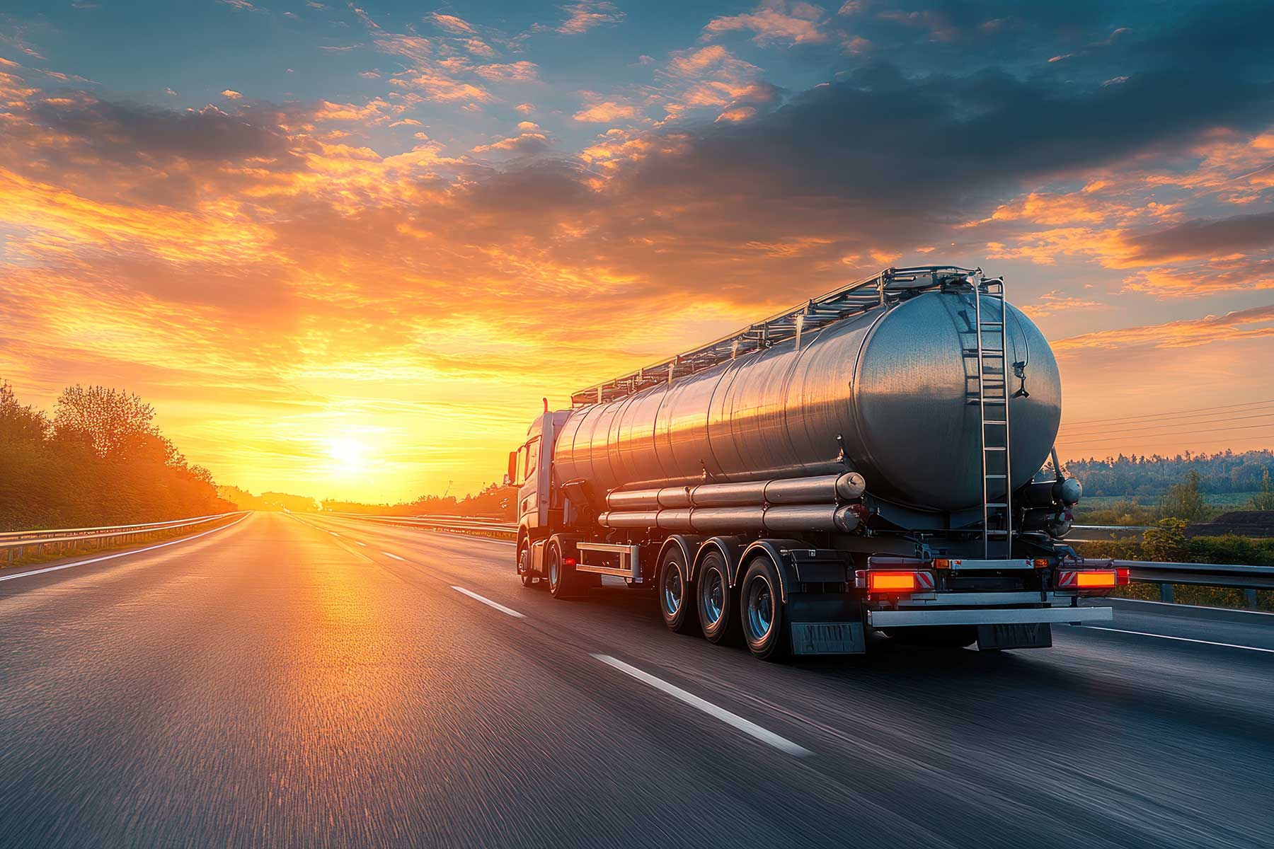 A fuel truck drives down the highway, its shiny cylindrical tank catching the light, with a city visible in the far distance against a clear sky