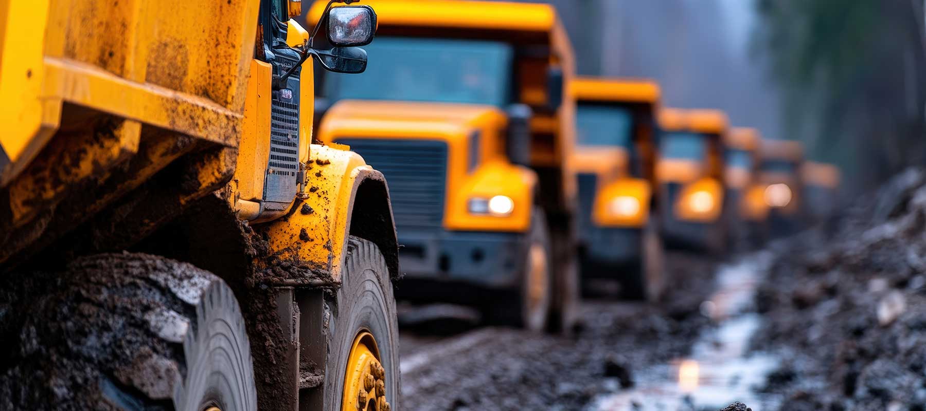 Several yellow dump trucks are lined up in a gritty logging area, surrounded by piles of timber, dirt-covered ground, and scattered wood debris, with a rugged, work-worn look