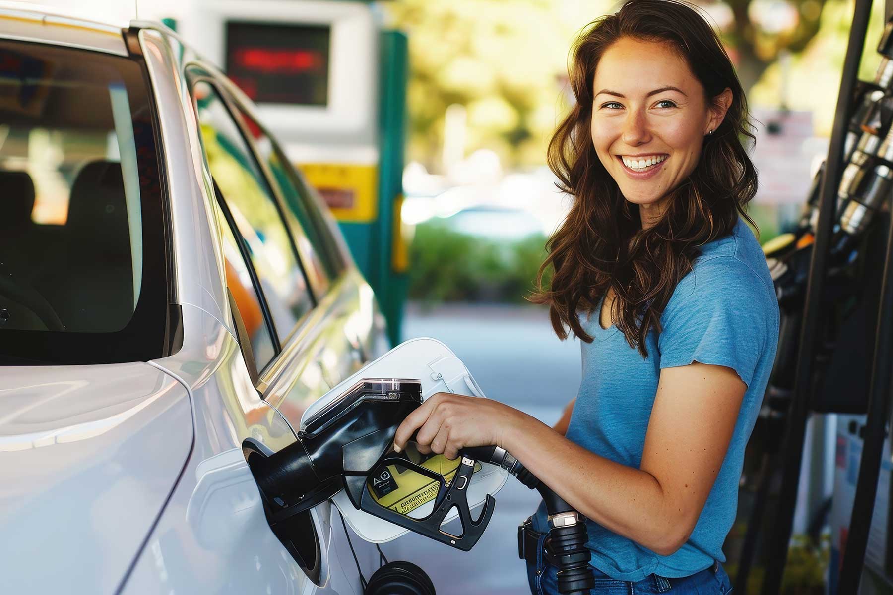 A young woman stands beside her white car at a gas station fuel pump, smiling as she fills the tank with gas. 